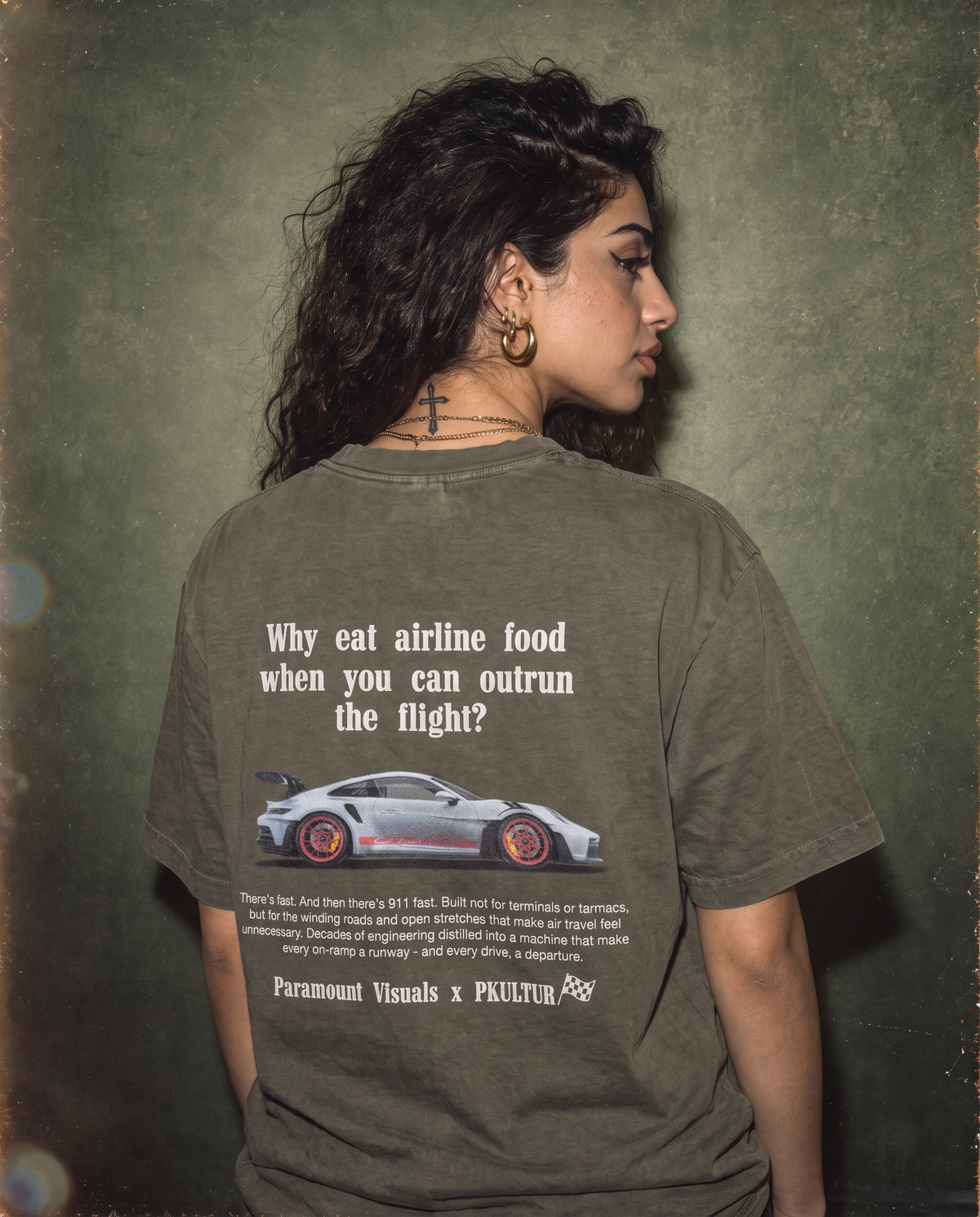 Olive Green Flight Shirt back female_paramountvisuals x porsche kultur